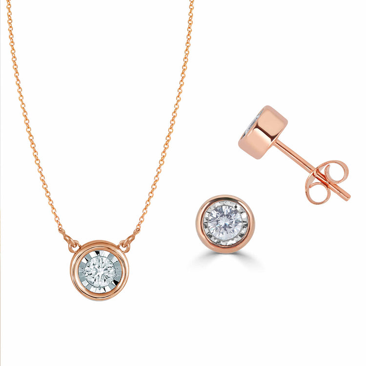 14K Gold Bezel 3/8 Carat TW Natural Round Diamond Earring + Pendant Necklace Set in White, Rose or Yellow Gold