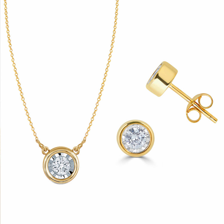 14K Gold Bezel 3/8 Carat TW Natural Round Diamond Earring + Pendant Necklace Set in White, Rose or Yellow Gold