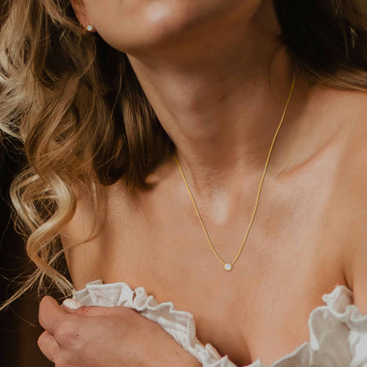 14K Gold Bezel 3/8 Carat TW Natural Round Diamond Earring + Pendant Necklace Set in White, Rose or Yellow Gold