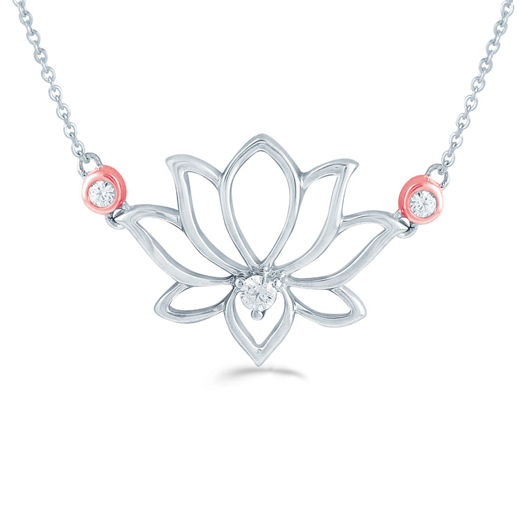 1/10 CT TW Diamond Lotus Flower Rose Gold Charm Pendant Necklace in 925 Sterling Silver