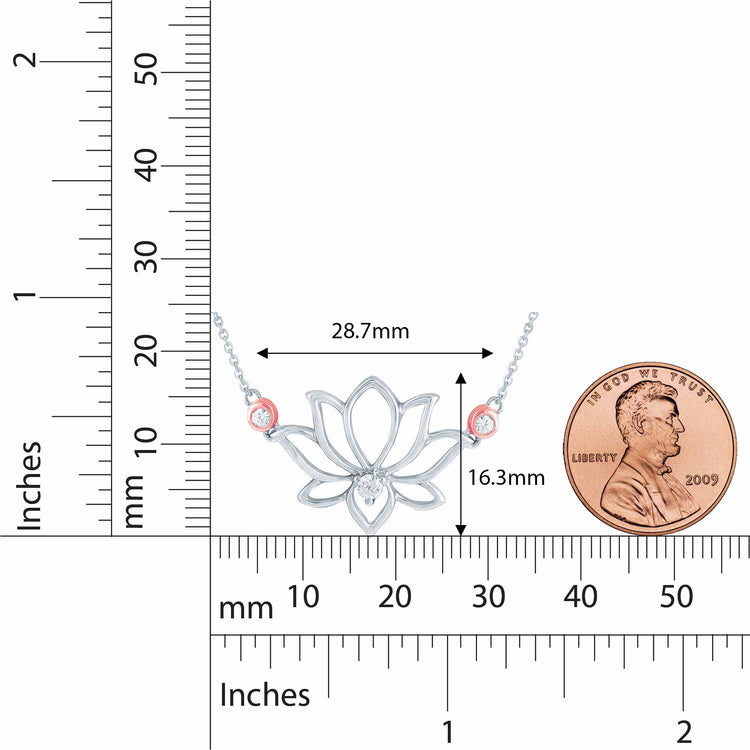 1/10 CT TW Diamond Lotus Flower Rose Gold Charm Pendant Necklace in 925 Sterling Silver