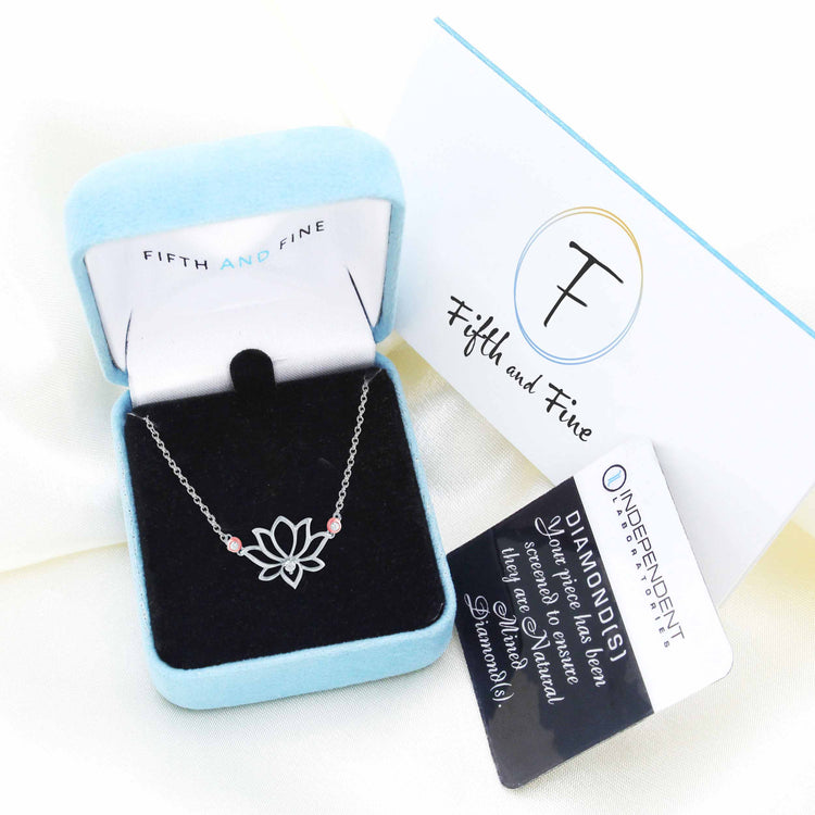 1/10 CT TW Diamond Lotus Flower Rose Gold Charm Pendant Necklace in 925 Sterling Silver