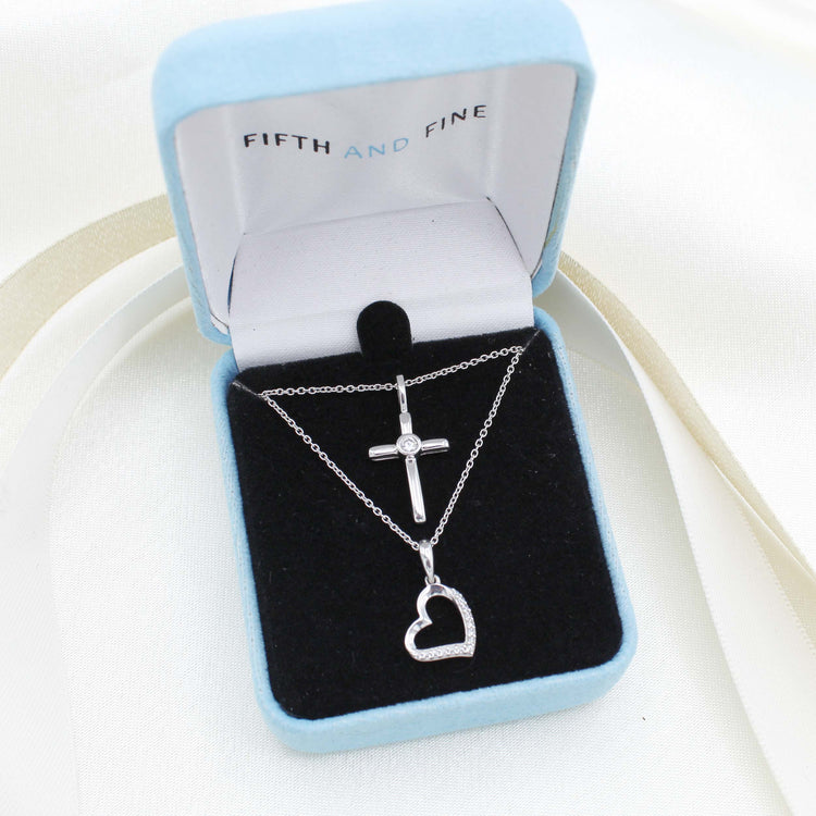 Open Heart and Celtic Cross Layered 1/10 Cttw Natural Diamond Pendant Necklace set in 925 Sterling Silver…