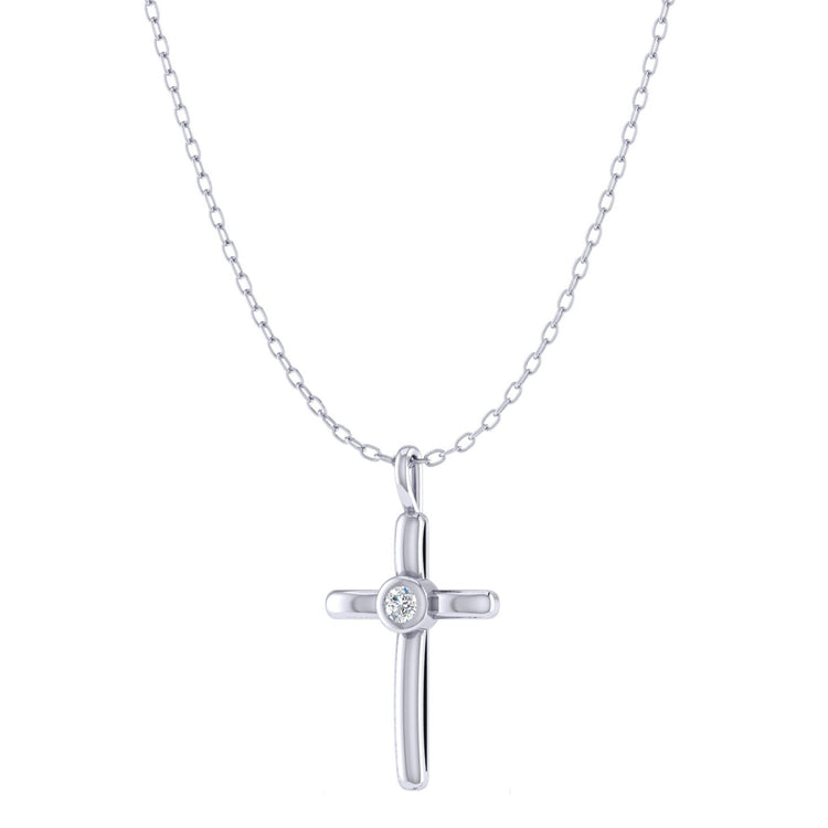 Simple Cross 1/20 Cttw Natural Diamond Pendant Necklace set in 925 Sterling Silver
