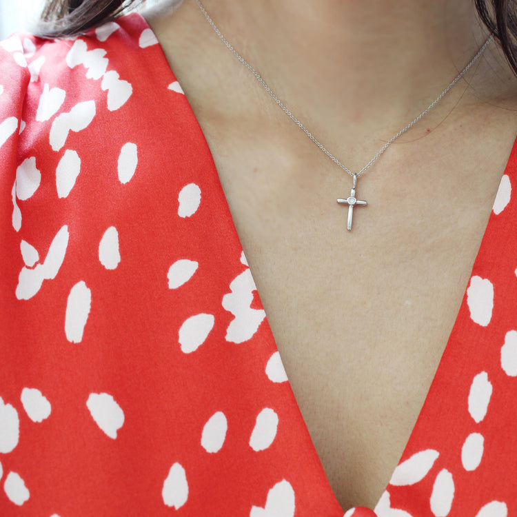 Simple Cross 1/20 Cttw Natural Diamond Pendant Necklace set in 925 Sterling Silver