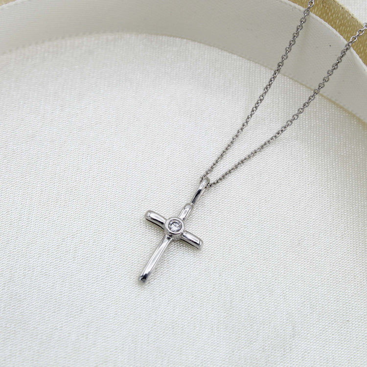 Simple Cross 1/20 Cttw Natural Diamond Pendant Necklace set in 925 Sterling Silver