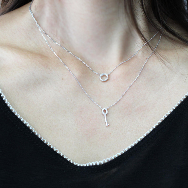 Circle and Key Layered 1/10 Cttw Natural Diamond Pendant Necklace set in 925 Sterling Silver…