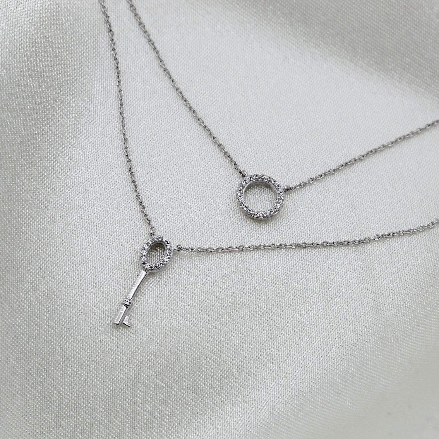 Circle and Key Layered 1/10 Cttw Natural Diamond Pendant Necklace set in 925 Sterling Silver…