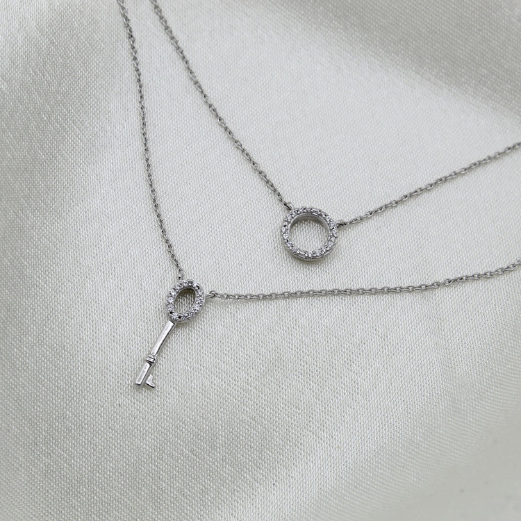 Circle and Key Layered 1/10 Cttw Natural Diamond Pendant Necklace set in 925 Sterling Silver…