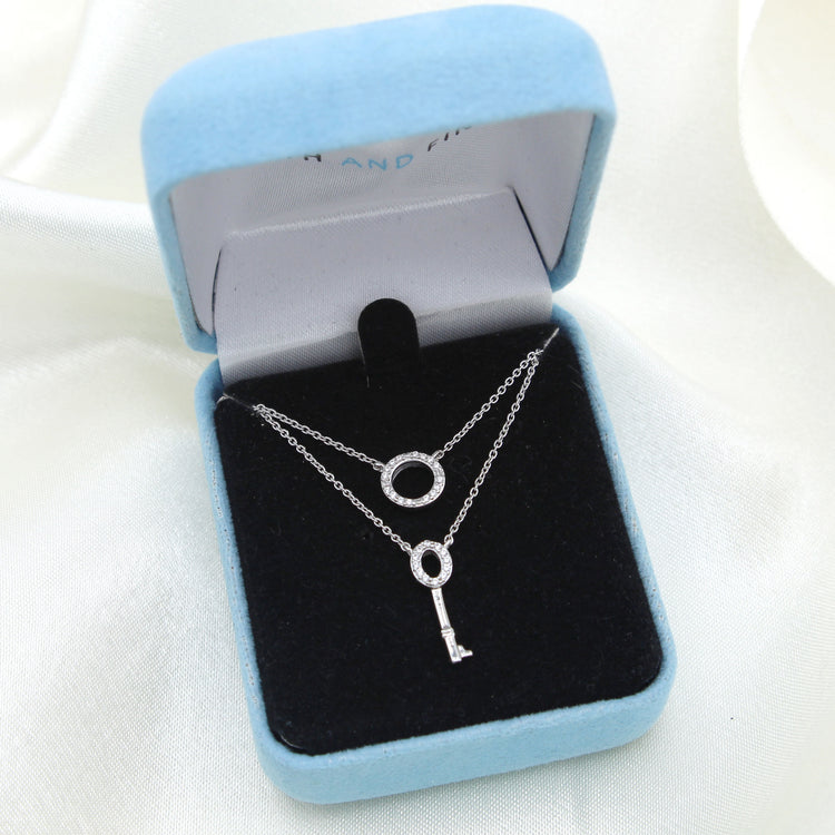 Circle and Key Layered 1/10 Cttw Natural Diamond Pendant Necklace set in 925 Sterling Silver…