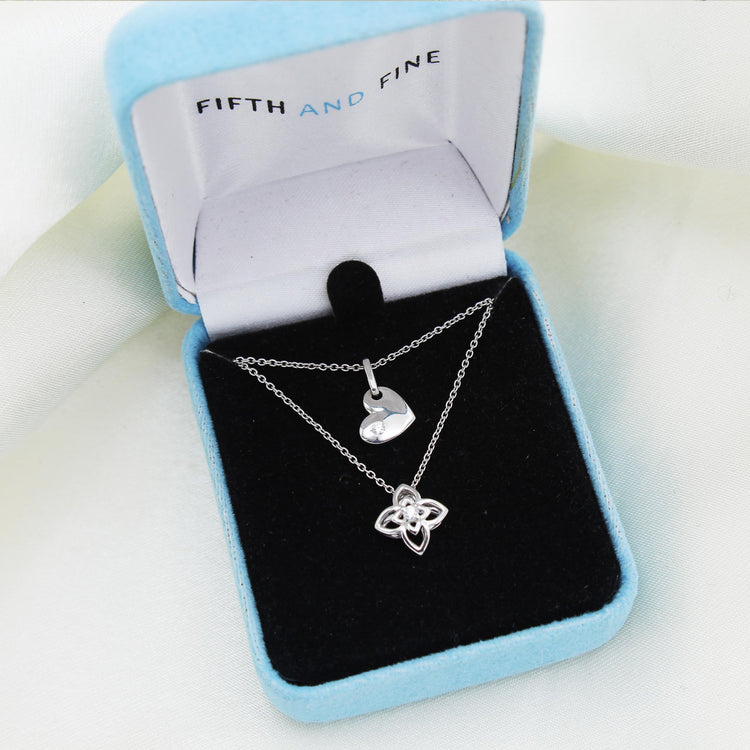 Heart and Flower Layered 1/20 Cttw Natural Diamond Pendant Necklace set in 925 Sterling Silver…