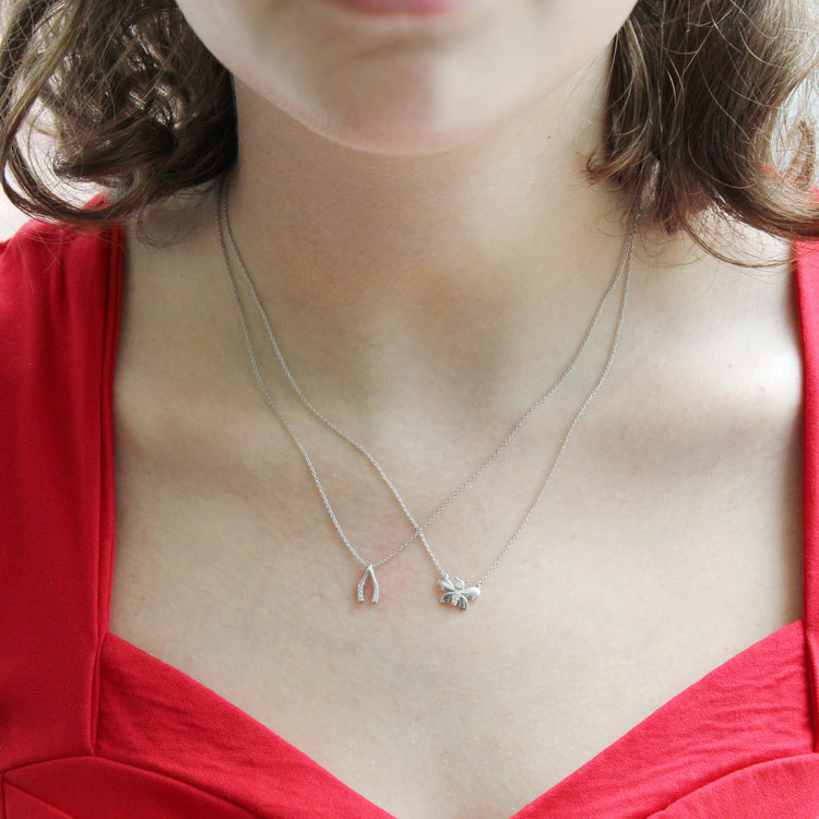 Lucky Wishbone and Butterfly Layered 1/10 Cttw Natural Diamond Pendant Necklace set in 925 Sterling Silver…