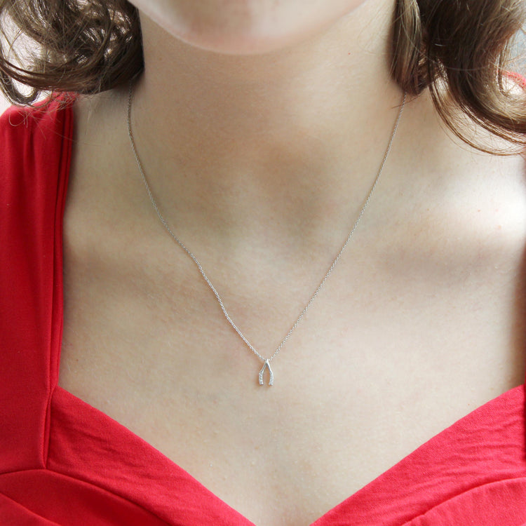 Lucky Wishbone 1/20 Cttw Natural Diamond Pendant Necklace set in 925 Sterling Silver