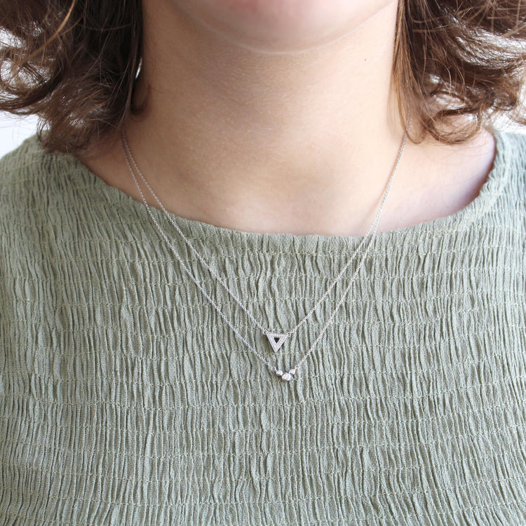 Triangle and Three Stone Layered 1/10 Cttw Natural Diamond Pendant Necklace set in 925 Sterling Silver… fine jewelry