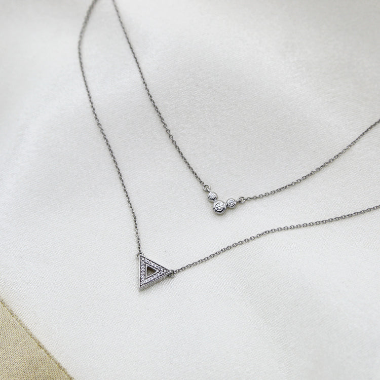 Triangle and Three Stone Layered 1/10 Cttw Natural Diamond Pendant Necklace set in 925 Sterling Silver… fine jewelry