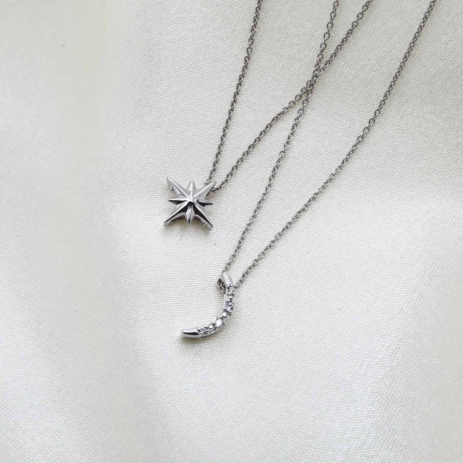 North Star and Moon Layered 1/10 Cttw Natural Diamond Pendant Necklace set in 925 Sterling Silver…