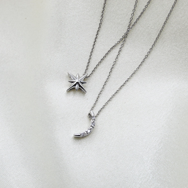 North Star and Moon Layered 1/10 Cttw Natural Diamond Pendant Necklace set in 925 Sterling Silver…