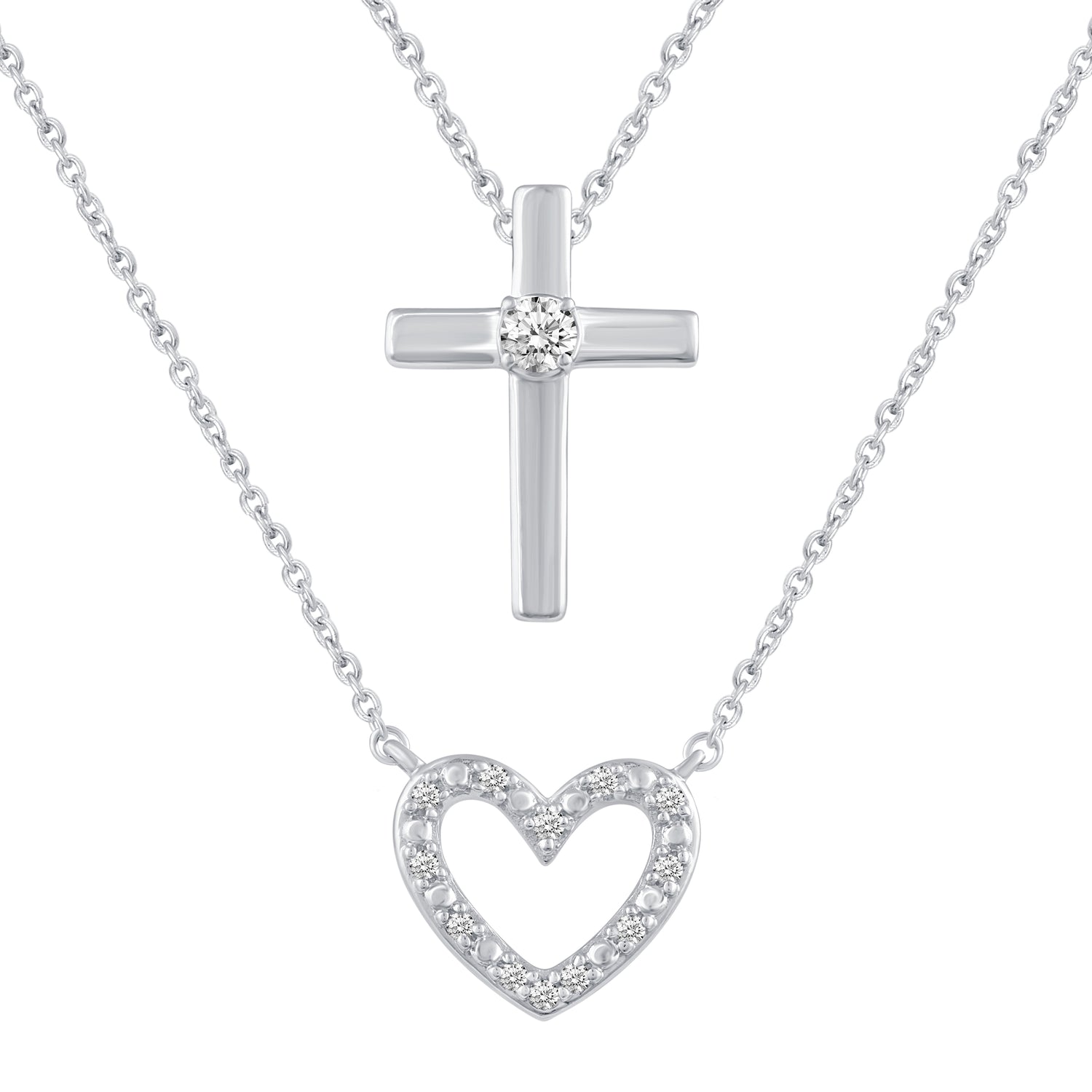 Heart and Cross Layered 1/10 Cttw Natural Diamond Pendant Necklace set in 925 Sterling Silver…