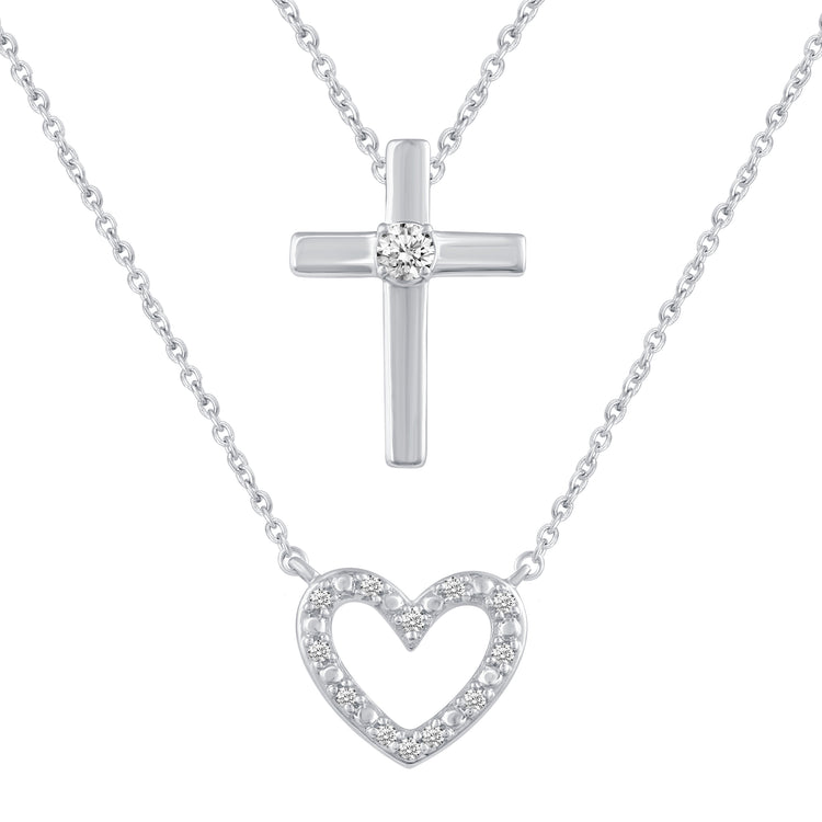 Heart and Cross Layered 1/10 Cttw Natural Diamond Pendant Necklace set in 925 Sterling Silver…
