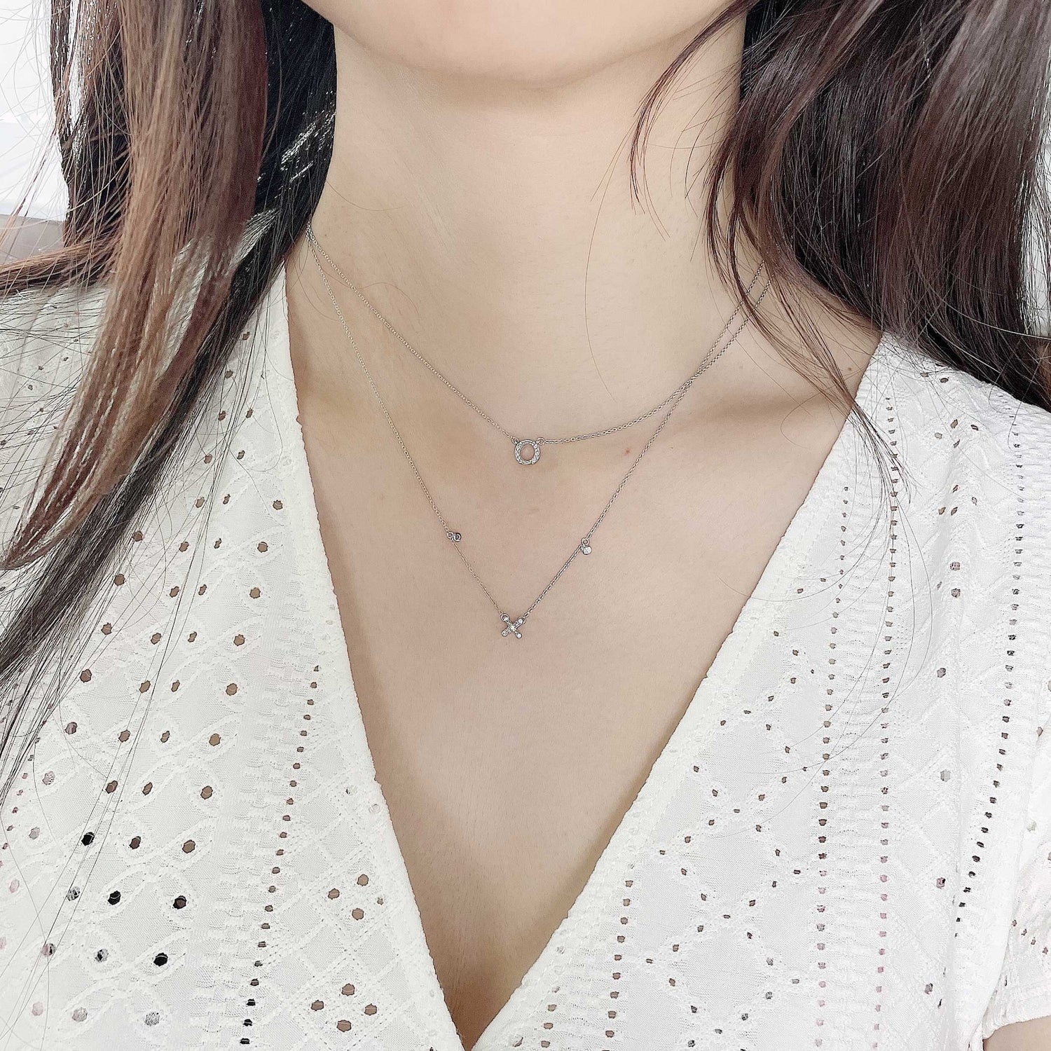 XO Layered 1/10 Cttw Natural Diamond Pendant Necklace set in 925 Sterling Silver