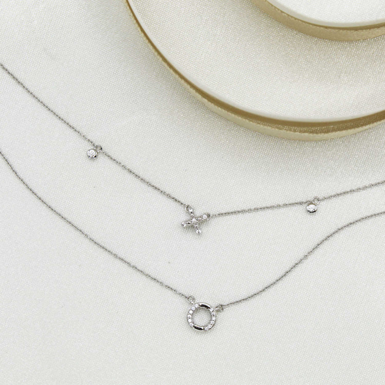 XO Layered 1/10 Cttw Natural Diamond Pendant Necklace set in 925 Sterling Silver
