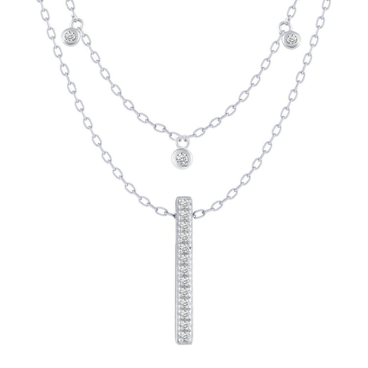 Three Stone Stations and Bar Layered 1/10 Cttw Natural Diamond Pendant Necklace set in 925 Sterling Silver