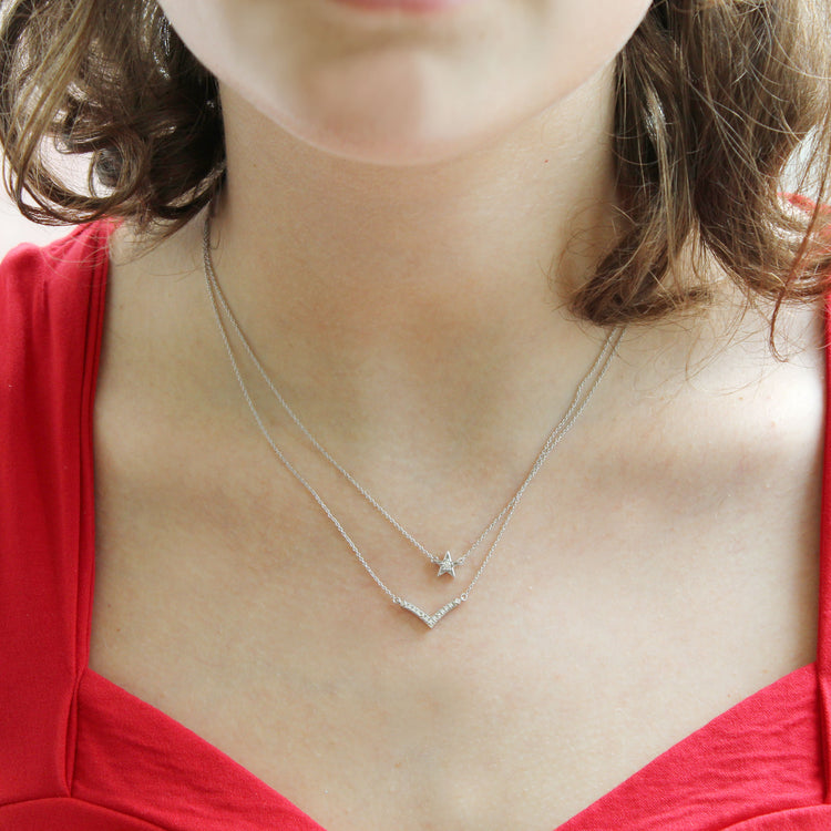 Star and Chevron Layered 1/10 Cttw Natural Diamond Pendant Necklace set in 925 Sterling Silver… jewelry gift for her