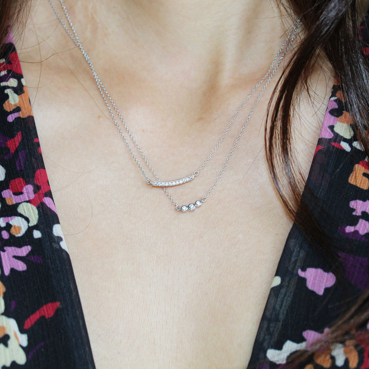 Curved Bar and Three Stone Layered 1/10 Cttw Natural Diamond Pendant Necklace set in 925 Sterling Silver fine jewelry