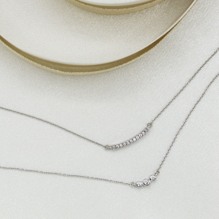 Curved Bar and Three Stone Layered 1/10 Cttw Natural Diamond Pendant Necklace set in 925 Sterling Silver fine jewelry