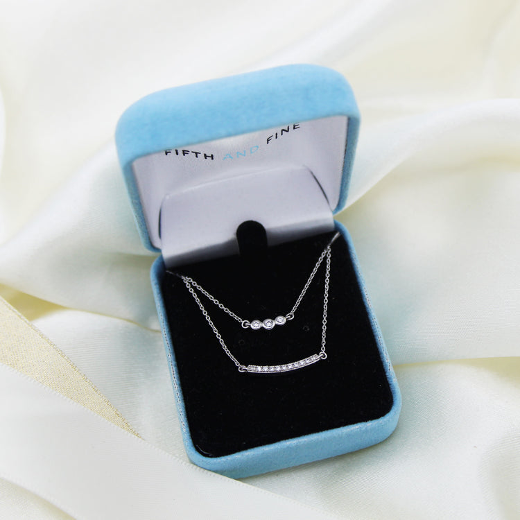 Curved Bar and Three Stone Layered 1/10 Cttw Natural Diamond Pendant Necklace set in 925 Sterling Silver fine jewelry
