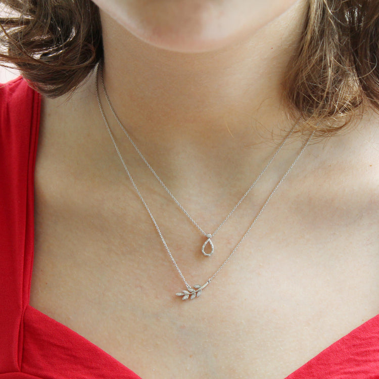 Teardrop and Leaf Layered 1/10 Cttw Natural Diamond Pendant Necklace set in 925 Sterling Silver