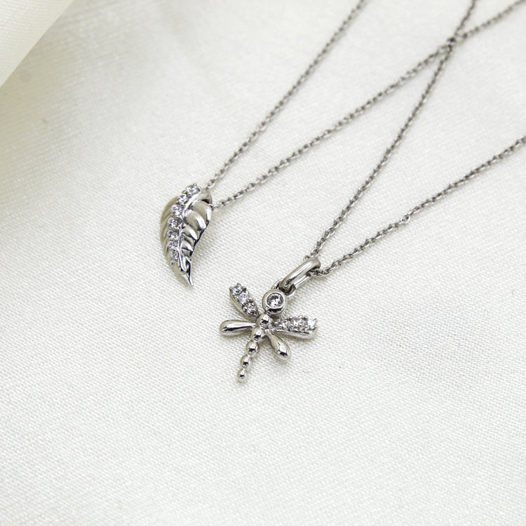 Lucky Feather and Dragonfly Layered 1/10 Cttw Natural Diamond Pendant Necklace set in 925 Sterling Silver…