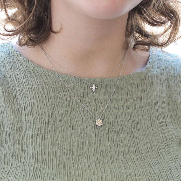 Fleur De Lis and Flower Layered 1/10 Cttw Natural Diamond Pendant Necklace set in 925 Sterling (Silver & Yellow Gold)… fine jewelry