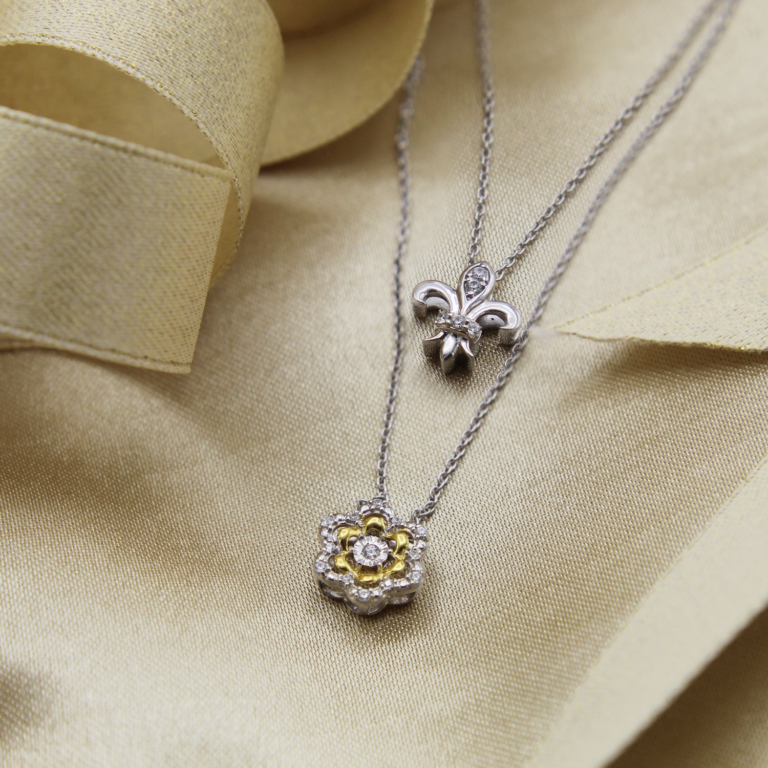 Fleur De Lis and Flower Layered 1/10 Cttw Natural Diamond Pendant Necklace set in 925 Sterling (Silver & Yellow Gold)… fine jewelry