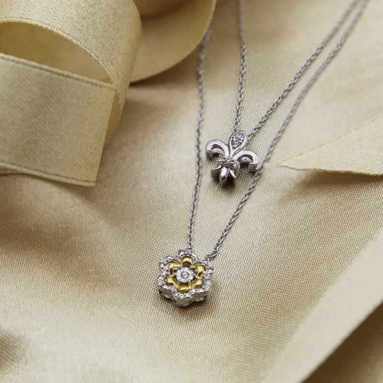 Fleur De Lis and Flower Layered 1/10 Cttw Natural Diamond Pendant Necklace set in 925 Sterling (Silver & Yellow Gold)… fine jewelry