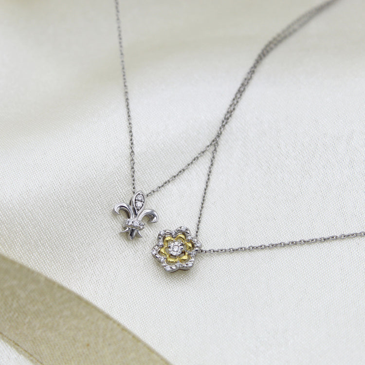 Fleur De Lis and Flower Layered 1/10 Cttw Natural Diamond Pendant Necklace set in 925 Sterling (Silver & Yellow Gold)… fine jewelry