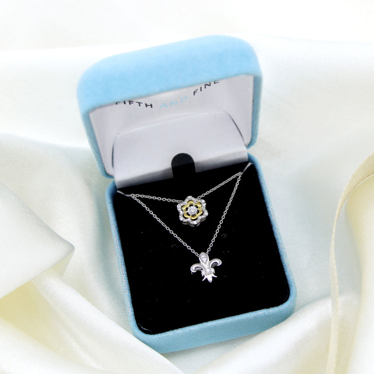 Fleur De Lis and Flower Layered 1/10 Cttw Natural Diamond Pendant Necklace set in 925 Sterling (Silver & Yellow Gold)… fine jewelry