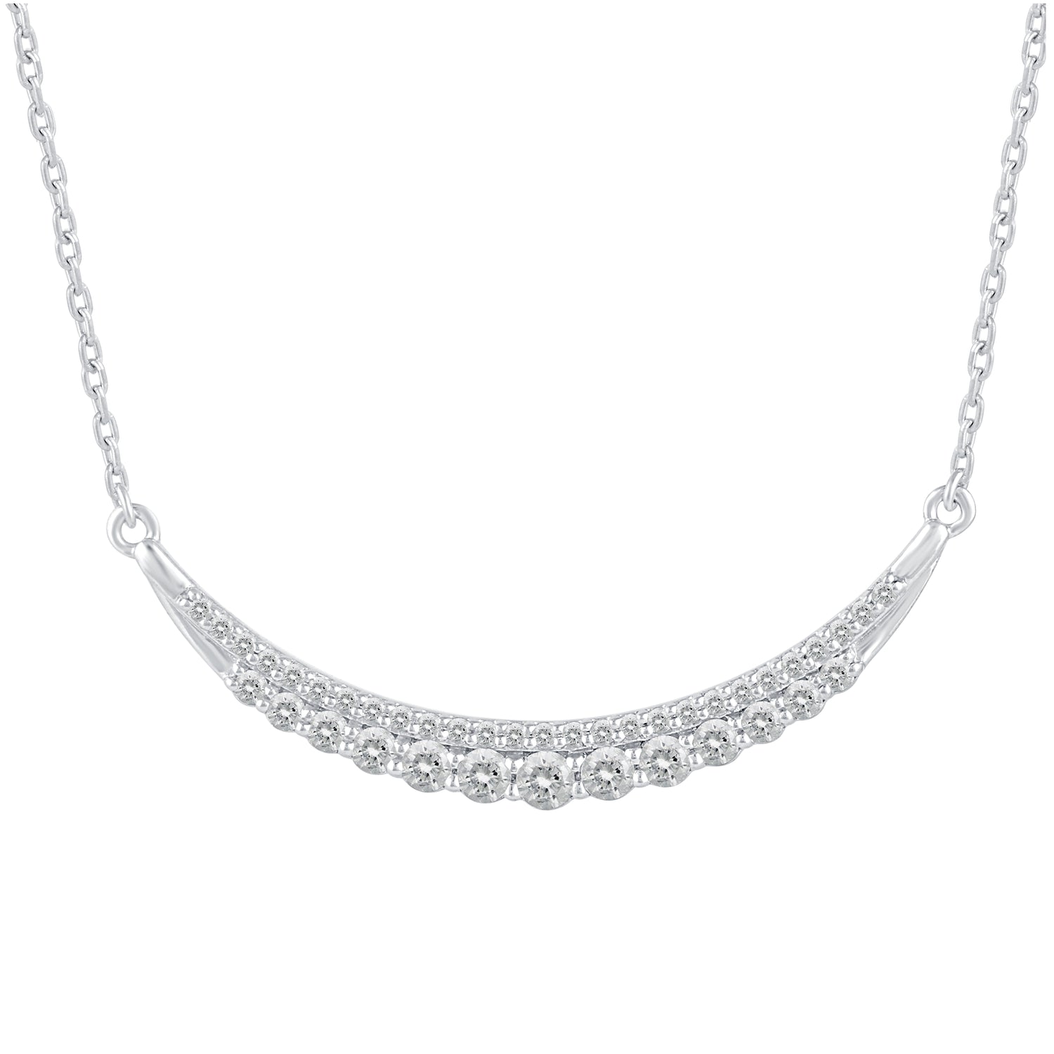 1/2 Cttw Diamond Crescent Moon Smile Bar Pendant Necklace set in 925 Sterling Silver