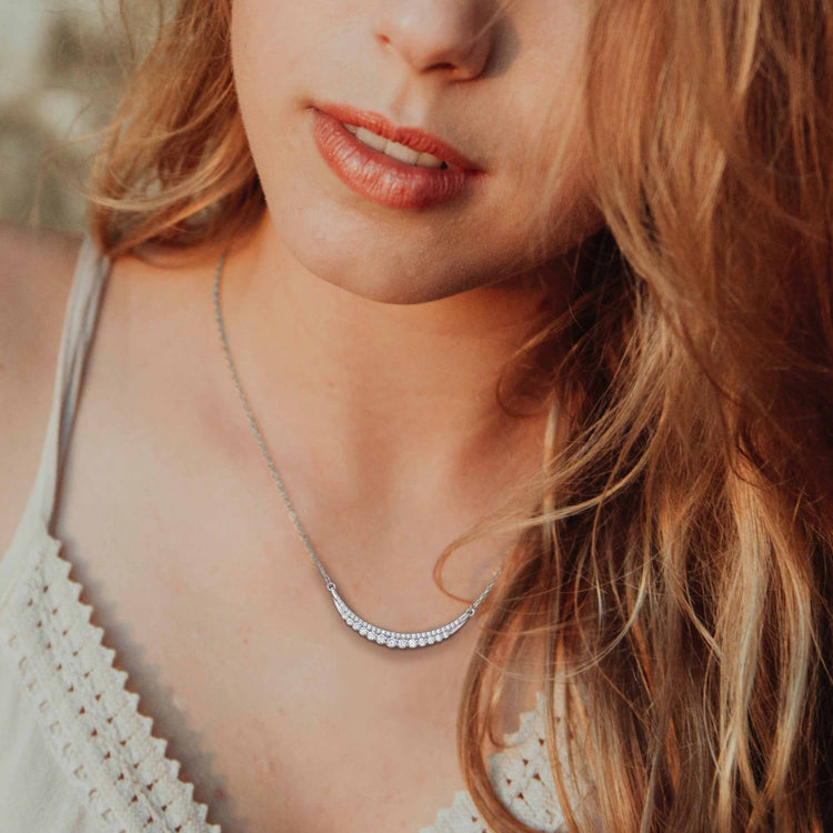 1/2 Cttw Diamond Crescent Moon Smile Bar Pendant Necklace set in 925 Sterling Silver
