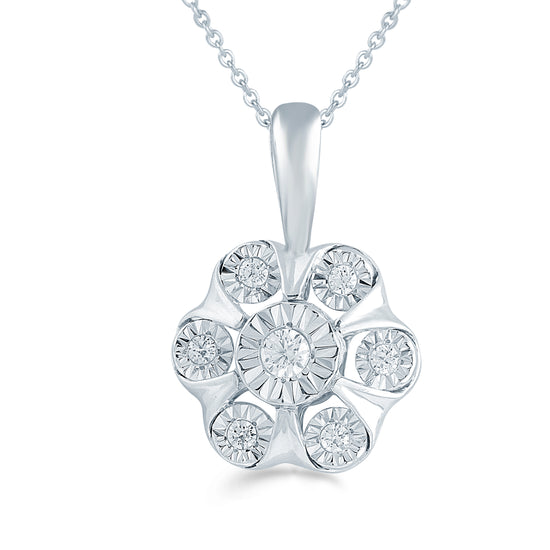 1/8CT TW Diamond Floral Cluster Fashion Pendant in Sterling Silver