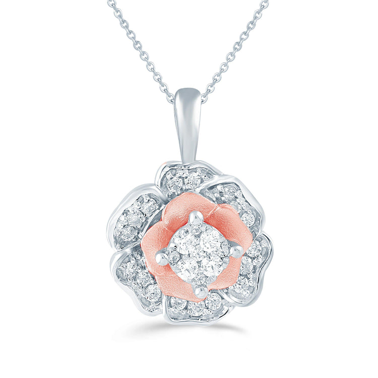 1/4CT TW Diamond Floral Cluster Fashion Pendant in Sterling Silver & Pink Rhodium plated - Fifth and Fine