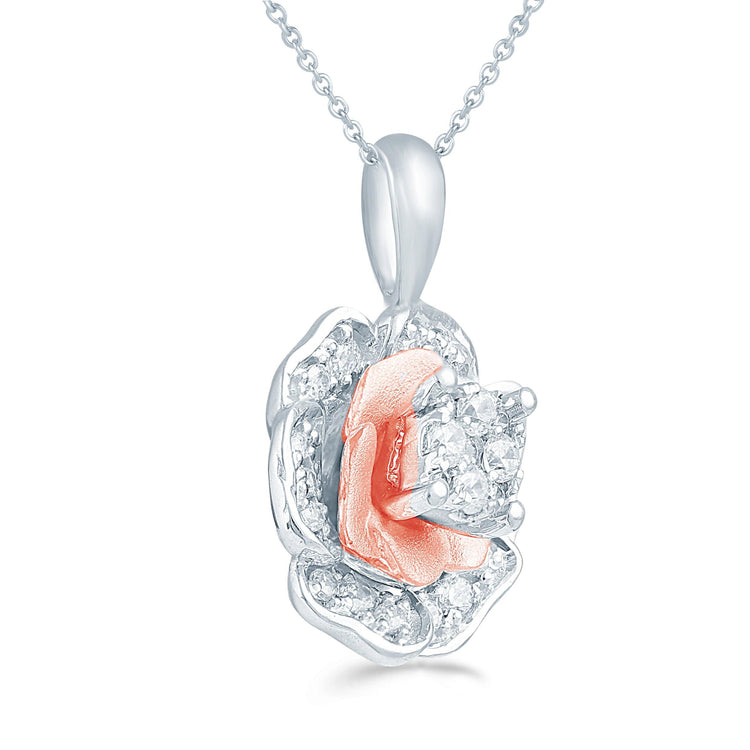 1/4CT TW Diamond Floral Cluster Fashion Pendant in Sterling Silver & Pink Rhodium plated - Fifth and Fine