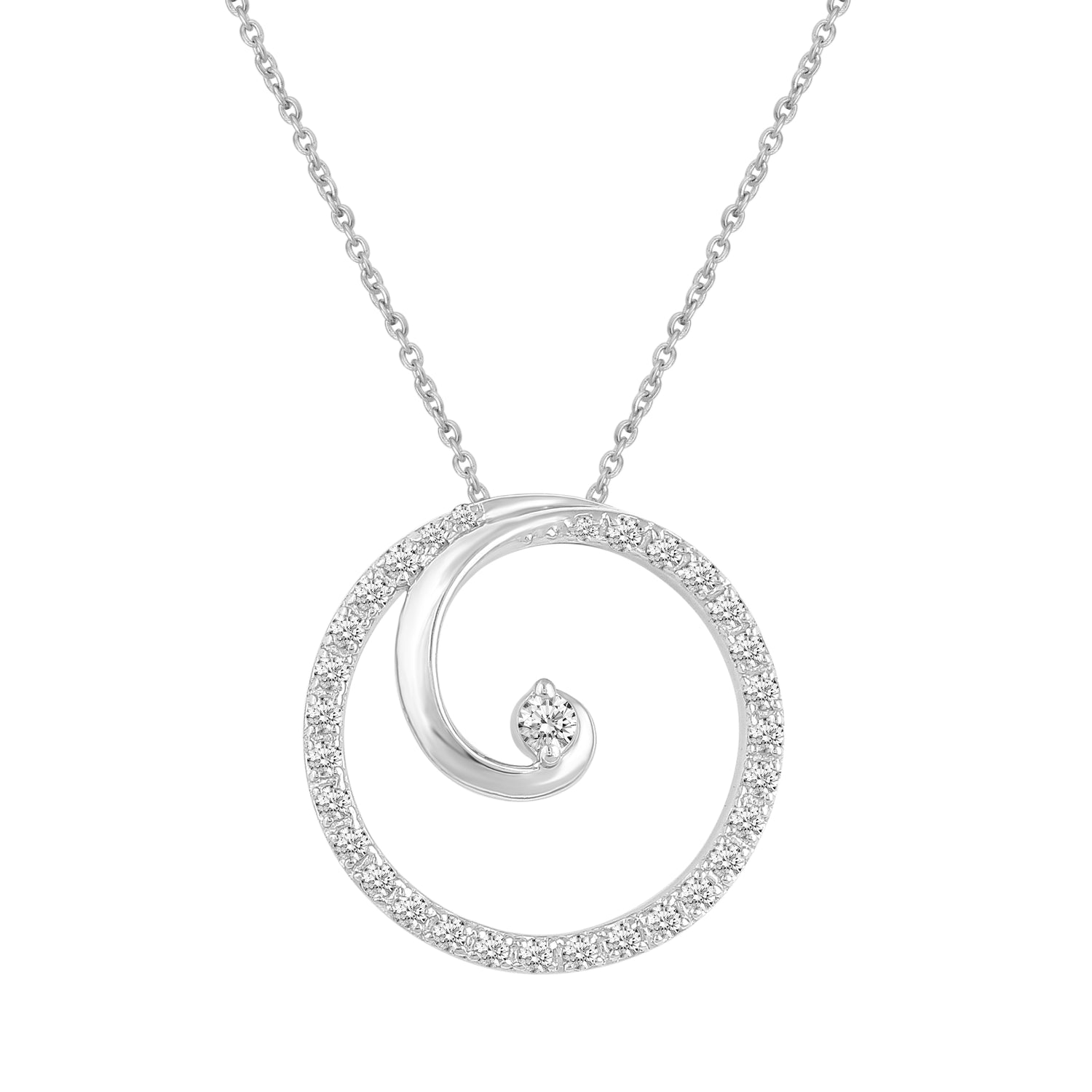 1/5 CT TW Diamond Floating Stone Swirl Circle Pendant Necklace in 925 Sterling Silver