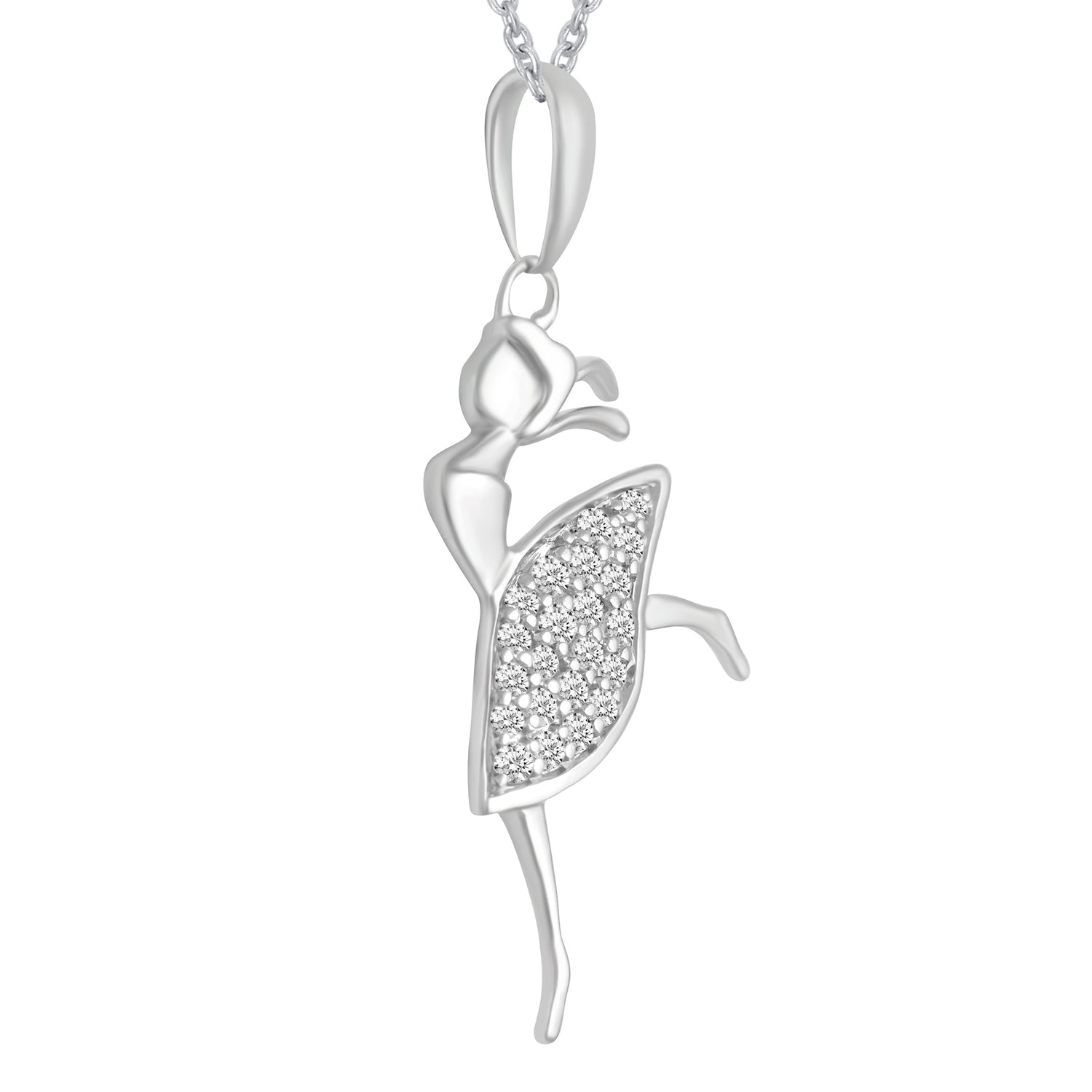 1/10 CTW Ballerina Dancing Lady Womens Girls Round Diamond Pendant Necklace set in 925 Sterling Silver