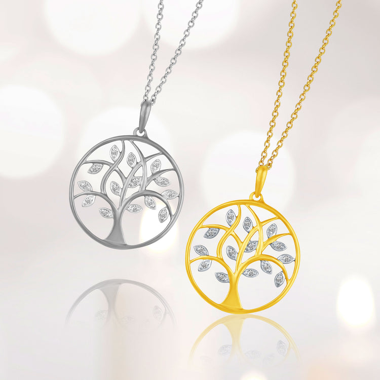 1/20 Ct tw Diamond Round Tree of Life Family Circle Pendant Set in Sterling Silver