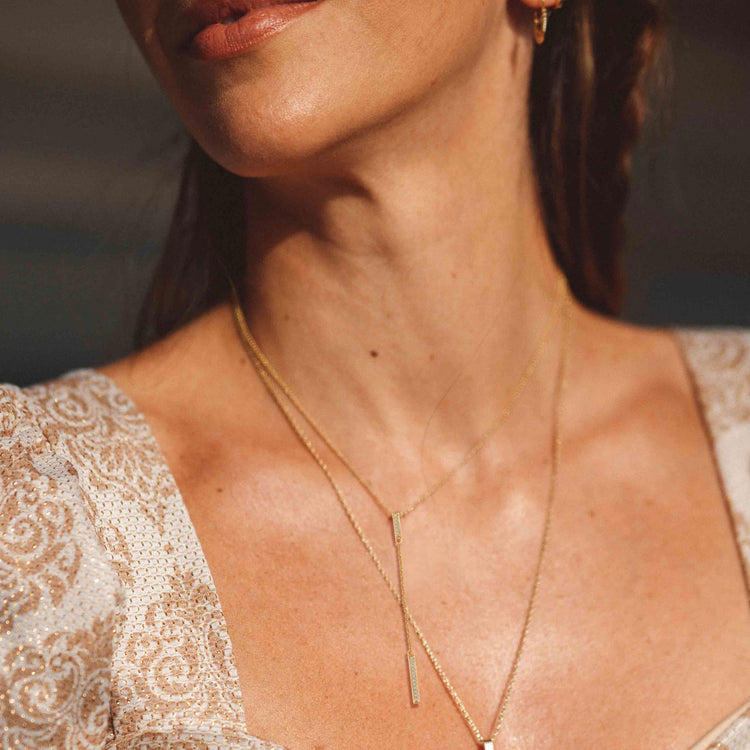 1/10 Ctw Lariat Bar Natural Diamond Pendant Necklace set in 925 Sterling Silver yellowgold