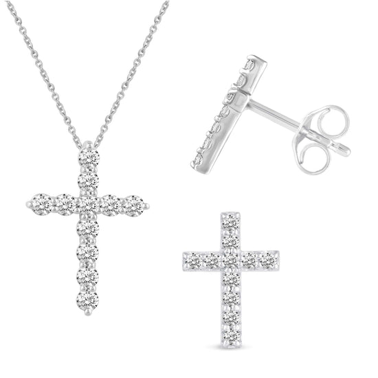 3/4 CTW Diamond Cross Pave Stud Earrings & Pendant set in 925 Sterling Silver Jewelry sets