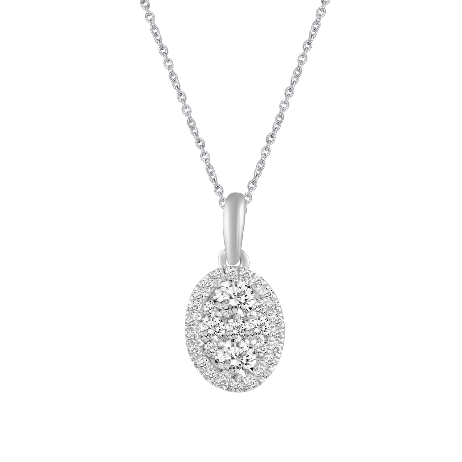 1/2 CT TW Diamond Halo Cluster Pendant Necklace in 925 Sterling Silver (Round, Oval, Pear, Cushion)