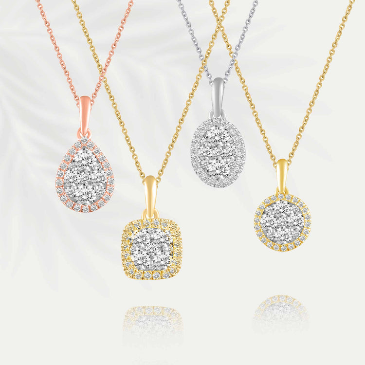 1/2 CT TW Diamond Halo Cluster Pendant Necklace in 925 Sterling Silver (Round, Oval, Pear, Cushion)