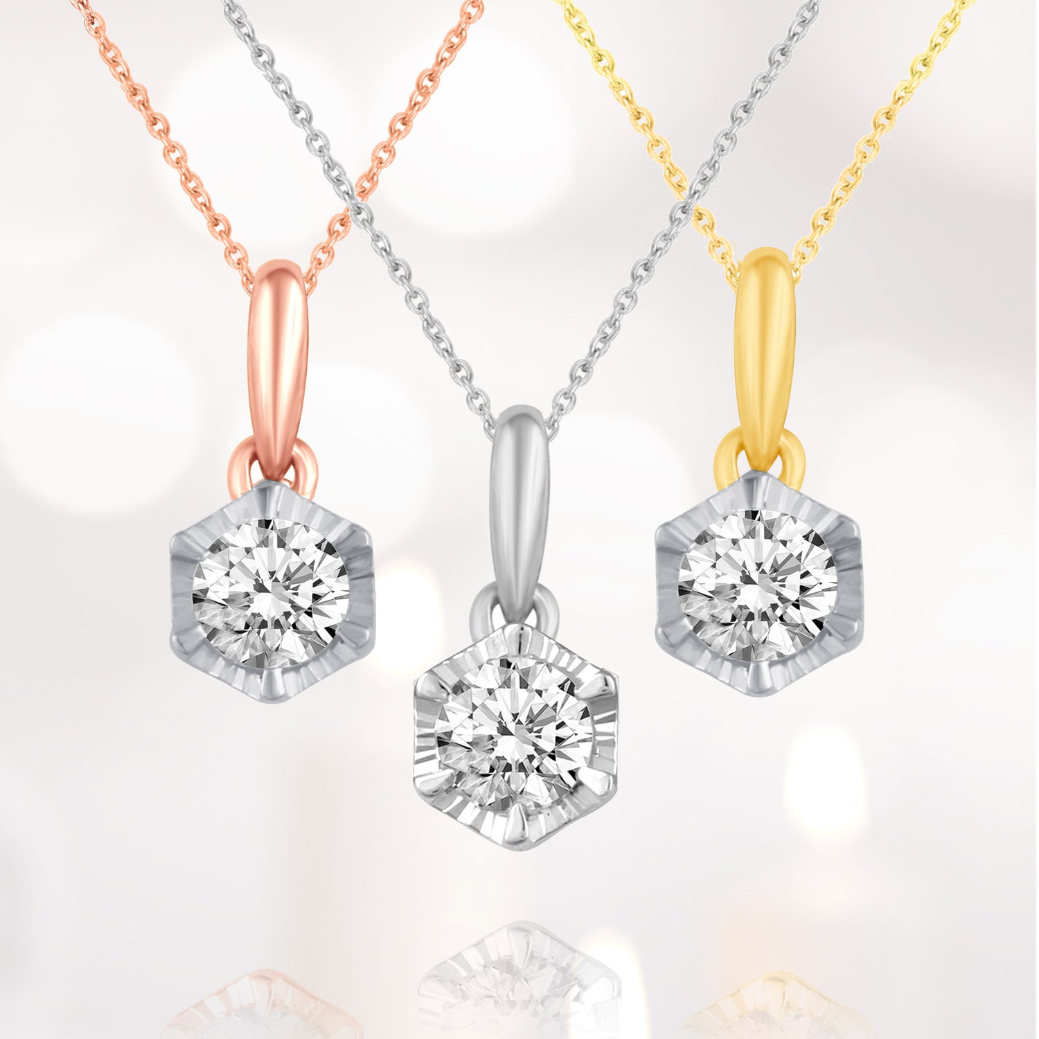 14K Gold 1/4 Carat TW Natural Round Diamond Hexagon Pendant Necklace in White, Rose or Yellow Gold